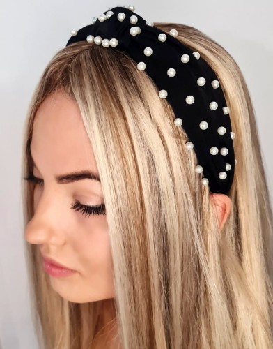 Opaska do włosów z perłami turban czarna