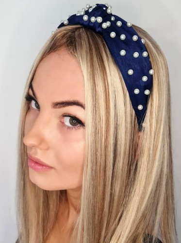 Opaska do włosów z perłami turban granatowa