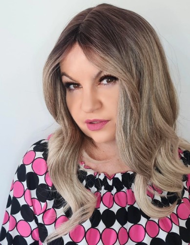 Peruka syntetyczna z grzywką LIBERIA 45cm chłodny blond baleyage  ombre z odrostem 