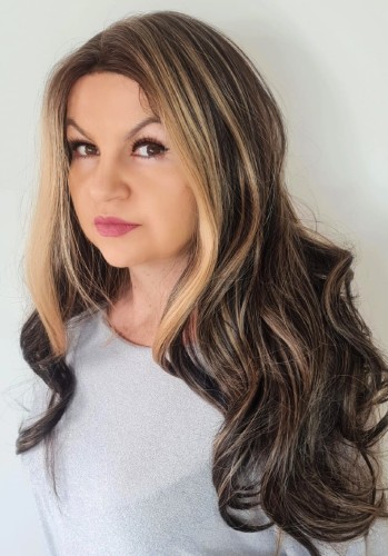 Peruka syntetyczna NIGERIA 60cm z siatką lace front chłodny brąz baleyage