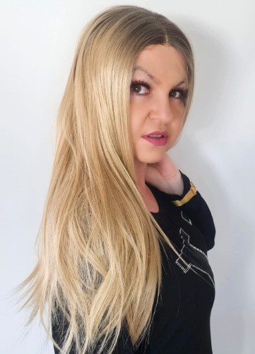 Peruka syntetyczna MORONI 65cm z siatką lace front piaskowy blond z odrostem