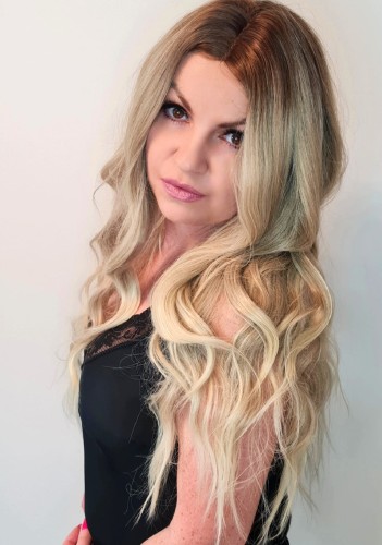 Peruka syntetyczna ARAGONIA 65cm z siatką lace front jasny, chłodny blond z odrostem