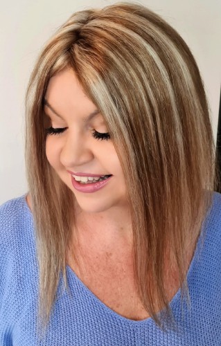 Mini mono topper clip in ANCONA 35cm baza 12x8cm bardzo gęsty tupet mono do zagęszczenia przedziałka, blond baleyage