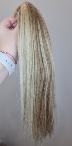Kucyk doczepiany 35cm z naturalnych włosów, kolor chłodny blond baleyage 60g