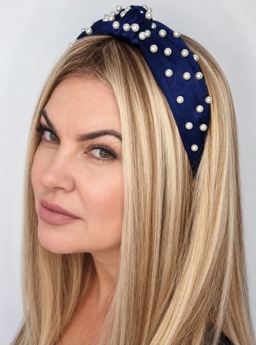Opaska do włosów z perłami turban granatowa