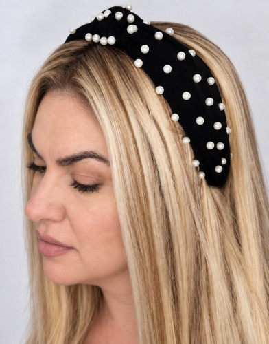 Opaska do włosów z perłami turban czarna