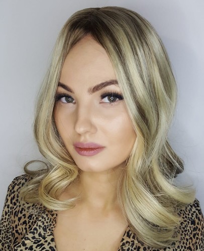 Topper clip in BOLONIA 40cm baza 15x15cm chłodny blond baleyage z odrostem